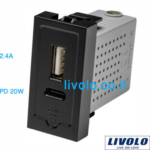 שקע טעינה כפול שחור LIVOLO VL-FCUA-UC-1BP USB A+C 20W